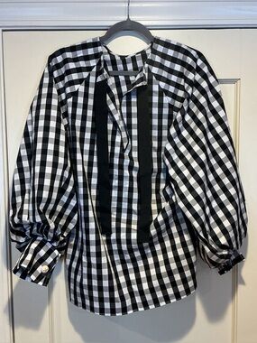 NWOT Edward Achour Black & White Gingham Puff Sleeve Blouse, Size FR 38